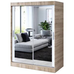 Szafa przesuwna 2 x Lustro 150x200  Karl , Dąb Sonoma /  Biały mat