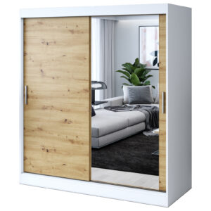 Szafa przesuwna 1 x Lustro 180x200  Hugo , Biały mat  / Dąb Artisan