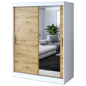 Szafa przesuwna 1 x Lustro 150x200  Hugo , Biały mat / Dąb Artisan
