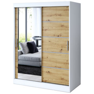 Szafa przesuwna 1 x Lustro 150x200  Ralf , Biały mat / Dąb Artisan