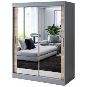 Szafa przesuwna 2 x Lustro 150x200  Karl , Antracyt mat / Dąb Sonoma