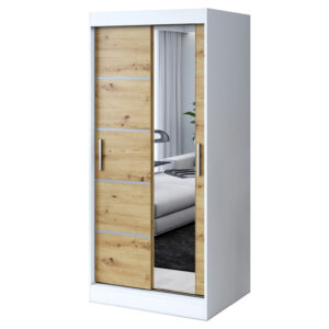 Szafa przesuwna 1x Lustro 90x200 Pepe, Biały Mat /  Dąb Artisan