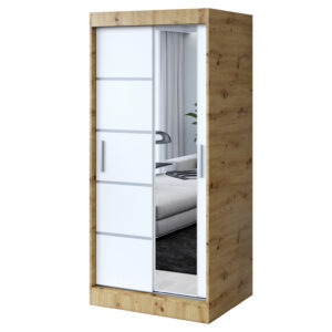 Szafa przesuwna 1x Lustro 90x200 Pepe, Dąb Artisan / Biały mat