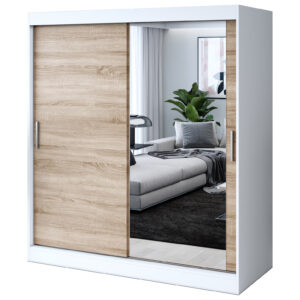 Szafa przesuwna 1 x Lustro 180x200  Hugo , Biały mat /  Dąb Sonoma